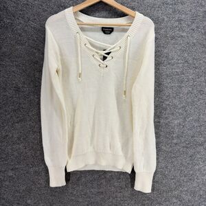 New Bebe Sweater Pullover Women M Medium Beige Knit V-Neck Tasseled Long Sleeve